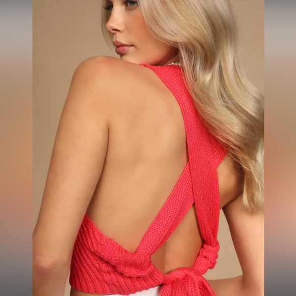 Lulu's Coral Tie-Back Cropped Sweater Tank - Picture 2 of 8